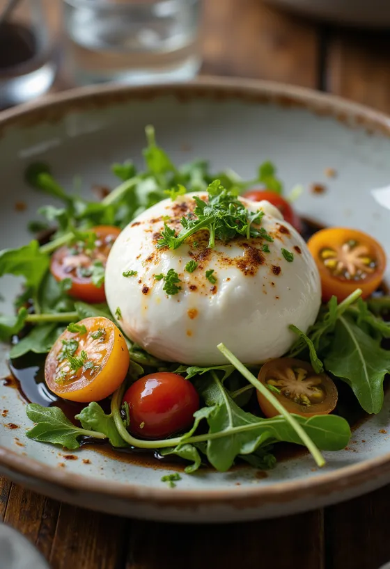 Burrata balzsamecettel, friss paradicsommal és salátával tálalva.