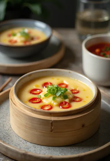 Chawanmushi chili paprikával, gazdag tojásos étel tálalva