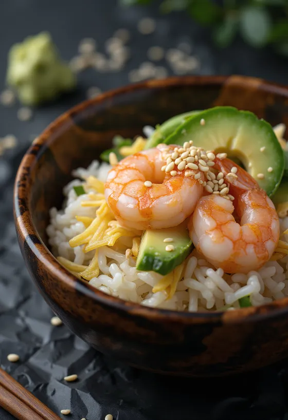 Chirashi garnélarákkal, sushi rizs, avokádó és szezámmag tálalva