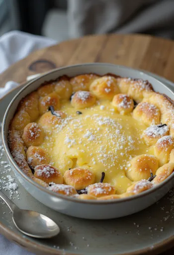 Friss, aranybarna Clafoutis vaníliával, tálalva