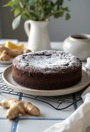 Csokoládé-gyömbéres torta porcukorral és reszelt gyömbérrel díszítve