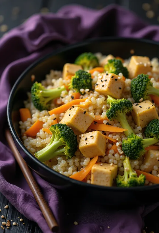 Currys quinoa wok tahini tofuval, pirított zöldségekkel tálalva