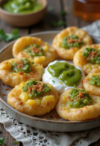 Dahi puri csípős zöld chutney-val, friss joghurttal és chilivel díszítve