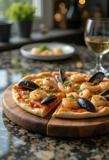Frutti di Mare pizza kagylóval tálalva