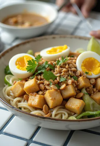 Gado-gado rizstésztával, tofuval és friss zöldségekkel, földimogyoróval és korianderrel