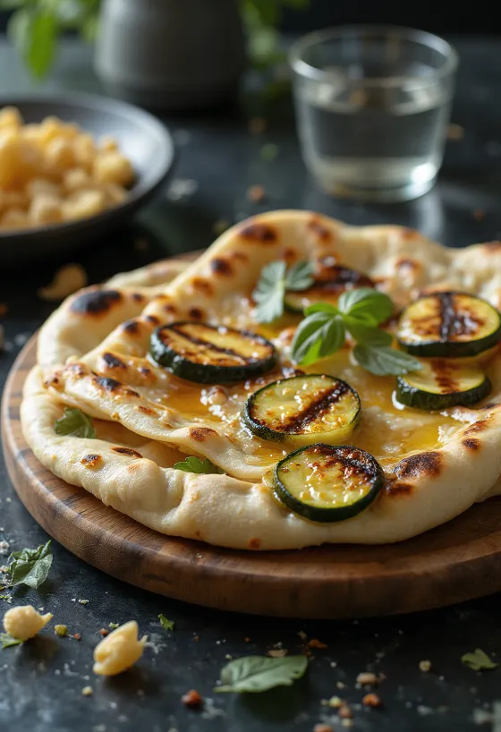 Grillezett cukkínis naan kenyér tálalva