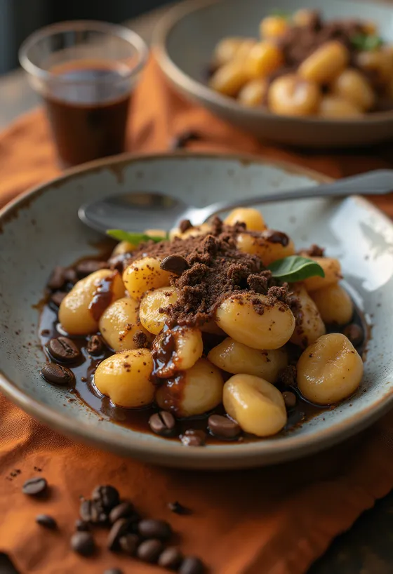 Kávés és csokoládés gnocchi tálalva