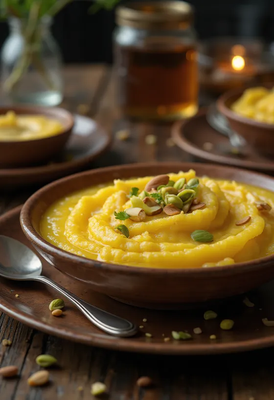 Kesar phirni tálalva, sáfrányos rizses desszert mandulával és pisztáciával díszítve