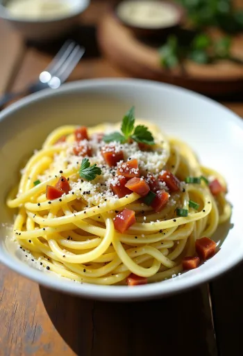 Keto olasz cukkini spagetti carbonara tálalva
