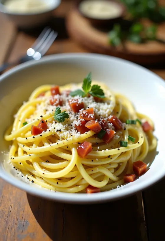 Keto olasz cukkini spagetti carbonara tálalva