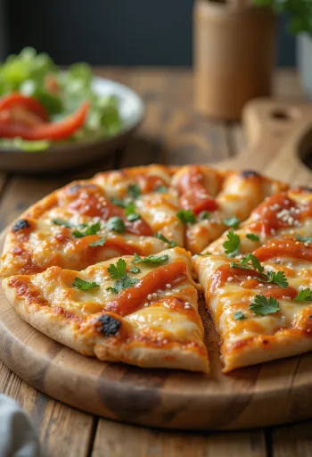 Kimchi pizza sajttal, korianderrel és szezámmaggal díszítve, aranybarnára sült tésztával