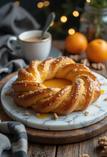 Kringle narancsos töltelékkel, leveles tészta, narancsos töltelék és friss sütemények.