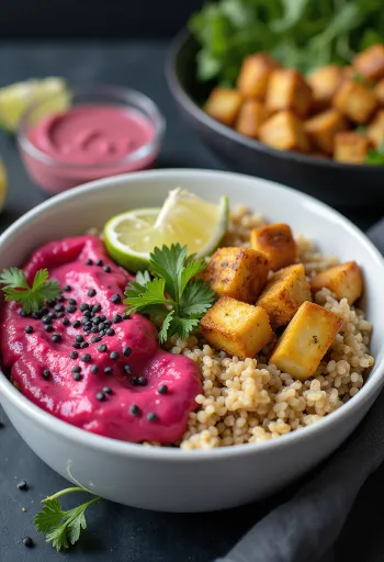 Lime quinoa Buddha-tál currys tofuval céklás tahinivel tálalva