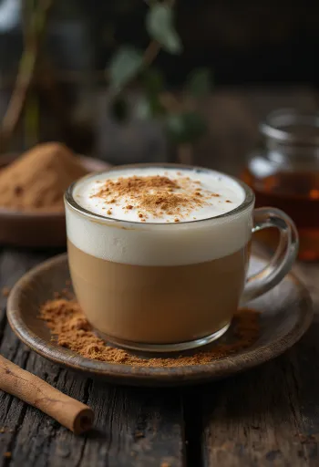 Mézes chai latte fahéjrúddal és fűszerekkel tálalva