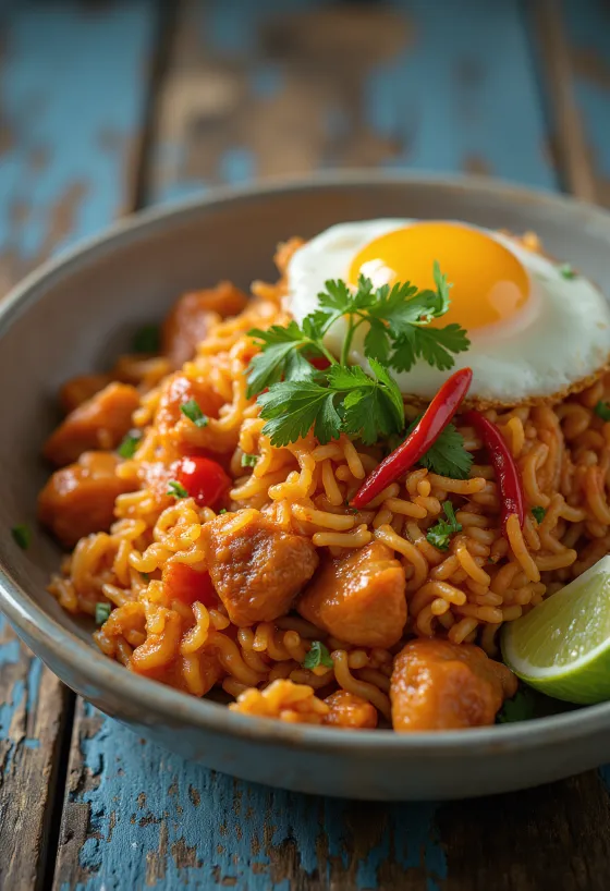 Nasi Goreng Chili Szósszal, gazdag fűszerekkel és chili szósszal tálalva