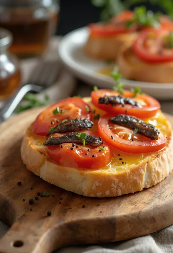 Pa amb tomàquet i anxoves frissen tálalva, pirított kenyérrel, paradicsommal és anchovákkal