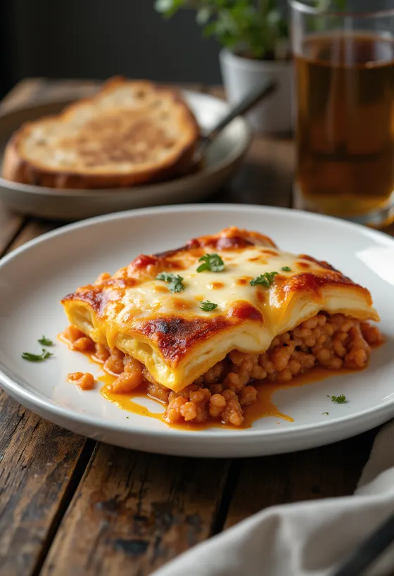 Parmigiana teljes kiőrlésű kenyérrel tálalva, szép rétegekben elrendezve