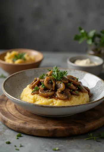 Polenta gombás raguval, friss petrezselyemmel tálalva