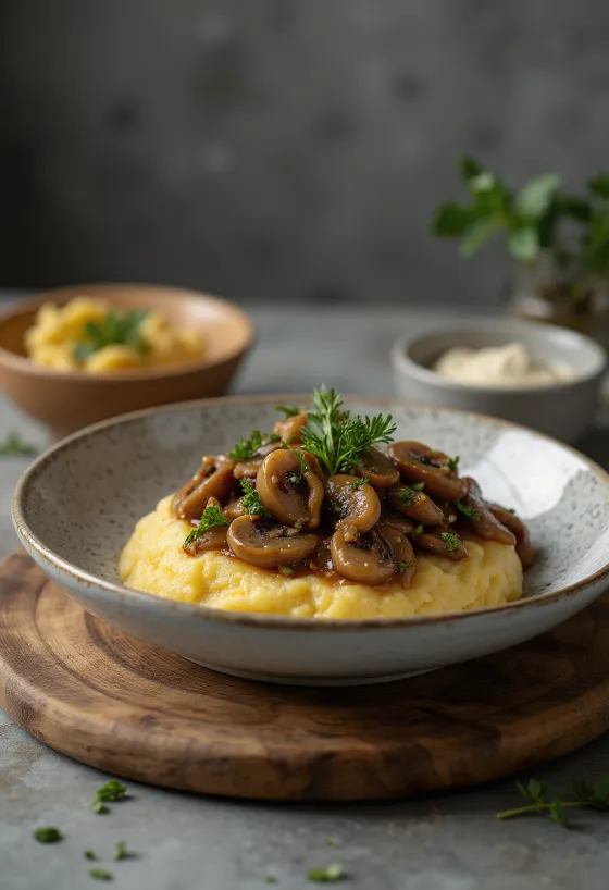 Polenta gombás raguval, friss petrezselyemmel tálalva