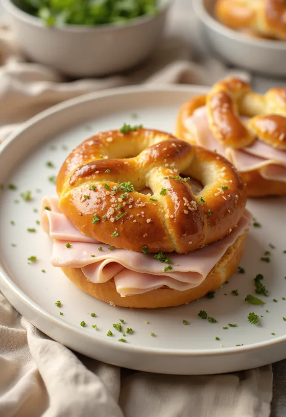 Pretzel pulykasonkával tálalva, gazdag pulykasonkával a tetején, kívül ropogós és belül puha.