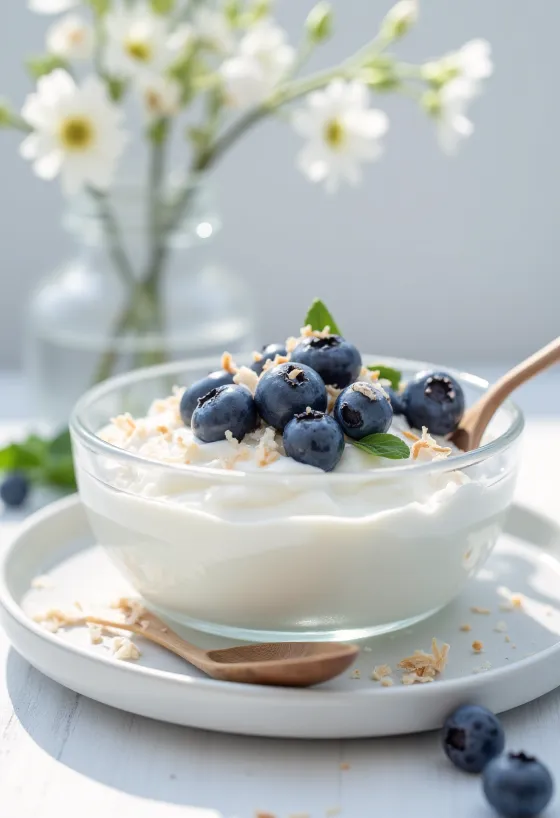 Probiotikus áfonyás-kókuszos joghurt, tálalva friss áfonyával és kókuszreszelékkel
