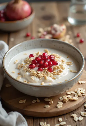 Zabkefir gránátalmával poharakban tálalva, krémes állagú ital rózsaszín gránátalmamagokkal a tetején