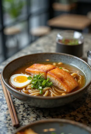 Ramen tál sült lazaccal, tésztával és feltétekkel
