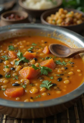 Rasam lencsével, díszítve friss korianderrel