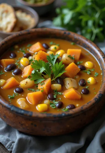 Sancocho vegano tálalva, friss korianderrel és lime-mal díszítve