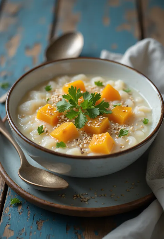 Tökös congee, tálalva friss korianderrel és szezámmaggal