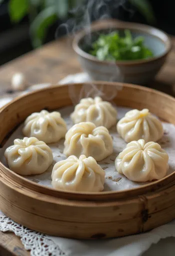 Vietnámi párolt sertéshúsos dumpling gőzölt tésztával tálalva