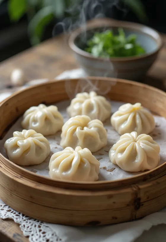 Vietnámi párolt sertéshúsos dumpling gőzölt tésztával tálalva
