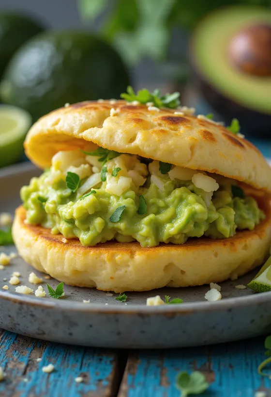Arepa con Aguacate koreai stílusú étel tálalva