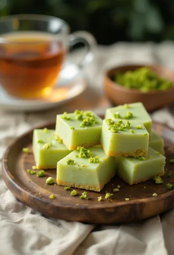 Pisztáciás Barfi, mandulával és sáfrányos ízzel tálalva