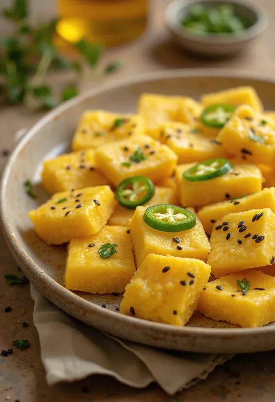Besan Chana Dhokla, friss korianderrel díszítve