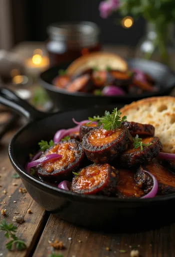 Black pudding fűszeres chorizóval tálalva friss petrezselyemmel