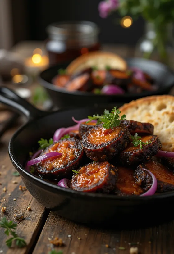 Black pudding fűszeres chorizóval tálalva friss petrezselyemmel