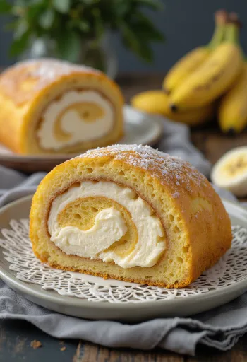 Bolo de Rolo Banánnal, szeletelve, finom piskóta tekercs banán töltelékkel