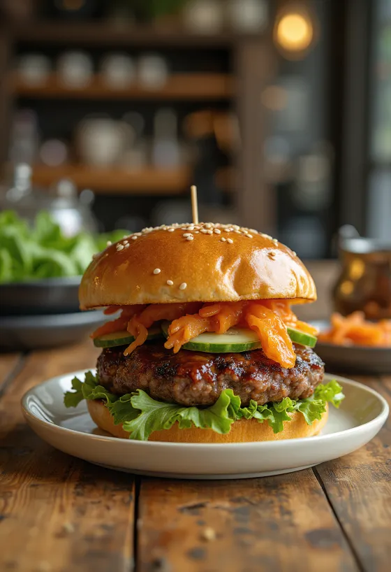 Bulgogi hamburger tálalva salátával és kimchivel