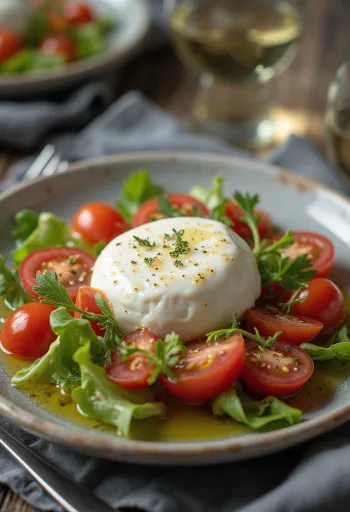 Burrata bazsalikommal friss zöldségekkel és olívaolajjal tálalva.