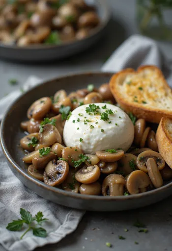 Burrata sült gombával tálalva, balzsamecettel meglocsolva, pirított kenyérrel