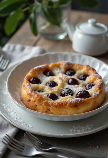 Clafoutis cseresznyével, sült tészta és cseresznyés gyümölcs