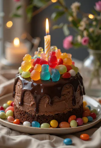 Cukorkás csokitorta színes cukorkákkal és gyöngyökkel díszítve