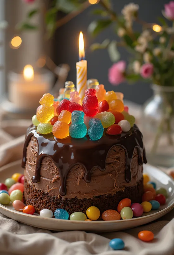 Cukorkás csokitorta színes cukorkákkal és gyöngyökkel díszítve