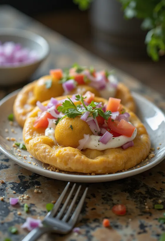 Dahi puri hagymával és paradicsommal, friss korianderrel tálalva