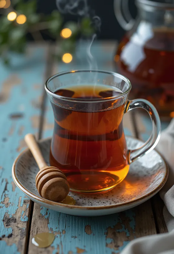 Fekete tea mézzel bögrében citrommal