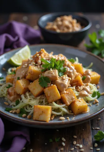 Gado-gado vegán változat, tofuval, zöldségekkel és földimogyoróval, gazdag szójaszósz öntettel