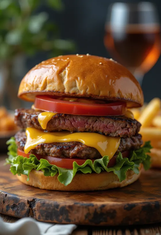 Húspogácsás burger szeletelt húsból sajttal és zöldségekkel