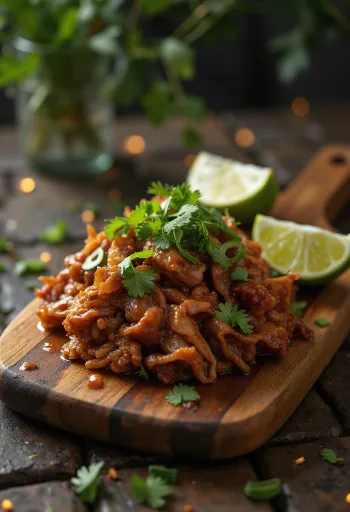 Kalua pork BBQ szósszal, tálalva friss korianderrel és tavaszi hagymával