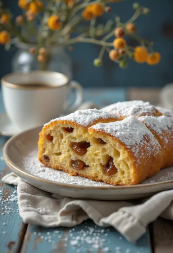 Kávés-karamellás Stollen szeletek tálalva